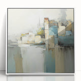 Framed acrylic wall art showcasing an abstract architectural design with white and grey tones, perfect for modern home decor and artistic interiors.