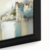 Close-up of an abstract architecture wall art print featuring geometric shapes and vibrant colors, elegantly framed for modern decor enhancement.