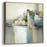 Framed abstract architecture wall art featuring a modern design in silver and gold tones, showcasing geometric shapes and lines, perfect for contemporary decor.