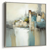 Framed canvas wall art showcasing abstract architectural design with silver accents, viewed from the side, ideal for modern home decor and artistic interiors.
