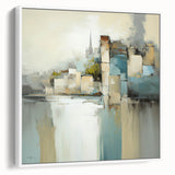 Framed canvas wall art showcasing an abstract architectural design in shades of white and gray, perfect for modern home decor. Side view highlights sleek frame and textured surface, enhancing aesthetic appeal in contemporary interiors.