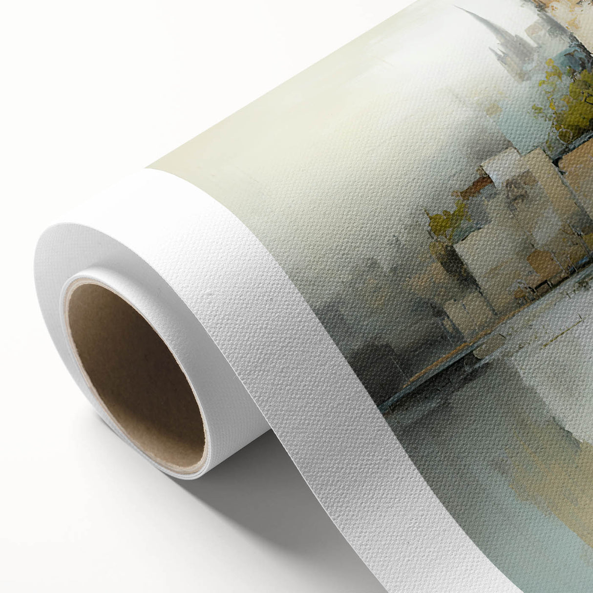 Abstract architecture wall art on rolled canvas, showcasing geometric shapes in bold colors of blue, orange, and white, perfect for modern interior decor.