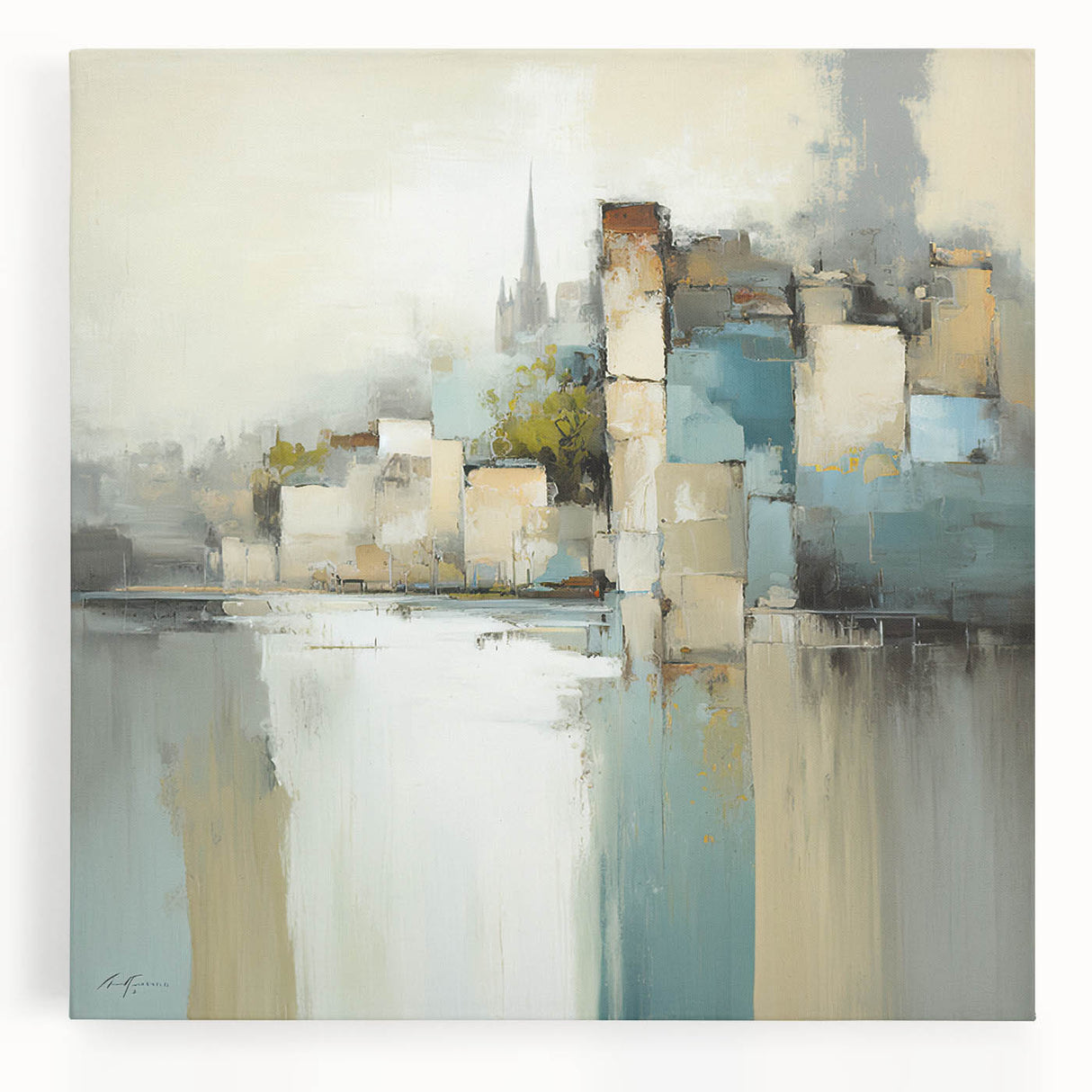 Abstract architectural wall art on stretched canvas showcasing geometric shapes and vibrant colors, designed to enhance modern interior decor.
