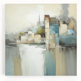 Abstract architectural wall art on stretched canvas showcasing geometric shapes and vibrant colors, designed to enhance modern interior decor.