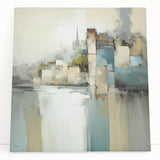 Abstract architectural wall art featuring geometric shapes in a vibrant color palette of blue, orange, and yellow, displayed on a stretched canvas. This modern design adds a contemporary touch to any interior space.