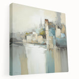 Abstract architecture wall art print on stretched canvas showcasing geometric shapes in vibrant colors, perfect for modern interior decor and artistic expression.