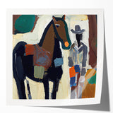 Abstract figurative wall art print showcasing vibrant colors and dynamic shapes, presented in a glossy finish, perfect for modern home decor enhancement.