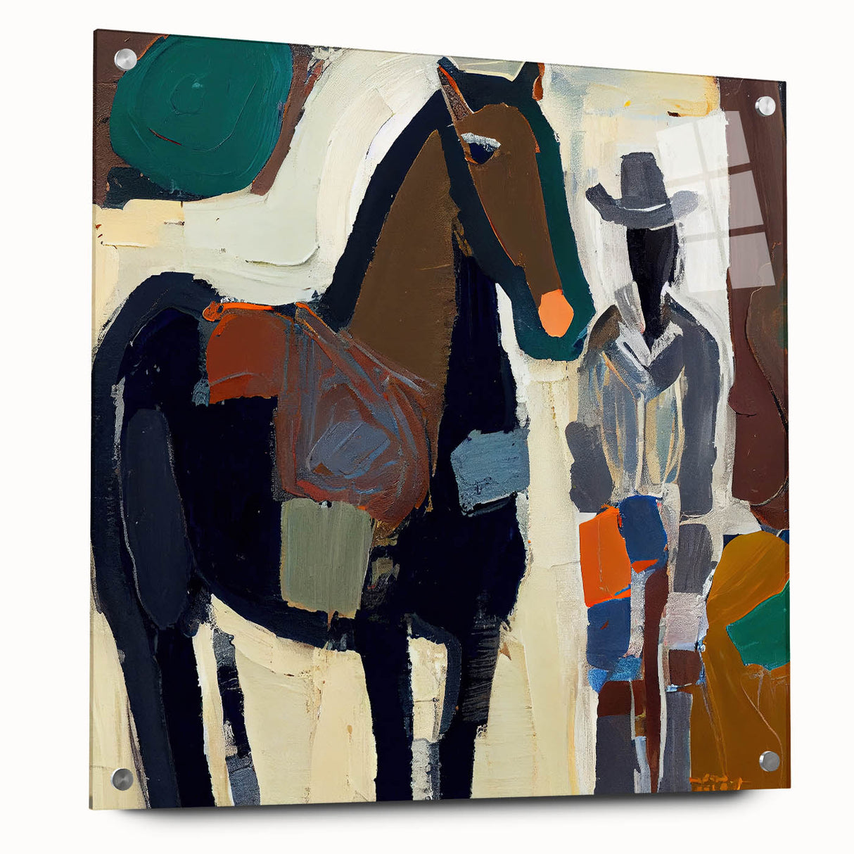 Abstract figurative wall art displayed in an acrylic glass frame, showcasing vibrant colors and unique pin details, perfect for modern home decor.