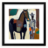 Abstract figurative wall art framed in black with a mat, showcasing vibrant colors and dynamic shapes, ideal for modern home decor or artistic spaces.