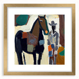 Abstract figurative wall art framed with a stylish gold mat, showcasing vibrant colors and modern design elements, ideal for contemporary home decor.