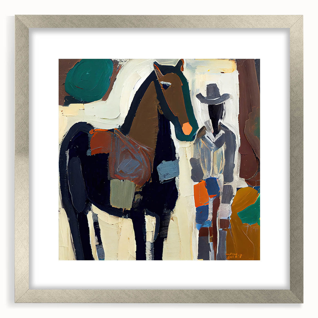 Abstract figurative wall art framed in silver with a mat, showcasing vibrant colors and dynamic shapes, ideal for modern home decor and artistic expression.