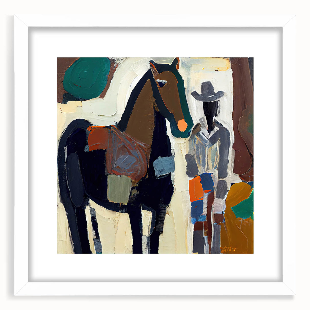Abstract figurative wall art framed in white, featuring vibrant colors and dynamic shapes, perfect for modern home decor and artistic aesthetics.