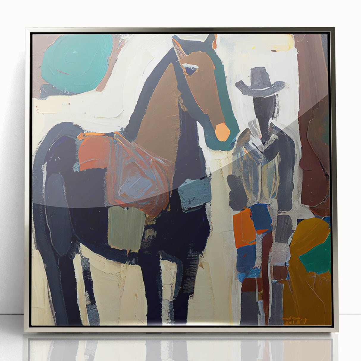 Framed abstract figurative wall art with a silver acrylic front, showcasing dynamic shapes and vibrant colors, perfect for modern home decor.