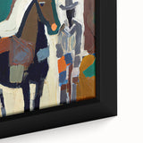 Close-up of framed abstract figurative wall art featuring vibrant colors and intricate details, ideal for modern home decor and artistic expression.