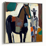 Framed abstract figurative wall art in silver finish, showcasing dynamic shapes and vibrant colors, perfect for modern home decor. The side view highlights its elegant design and artistic flair, enhancing any room's aesthetic.