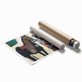 Abstract figurative wall art rolled print showcasing vibrant colors and dynamic shapes, elegantly packaged in a protective cardboard tube for easy display.