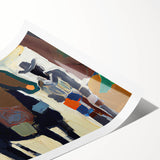 Abstract figurative wall art print showcasing vibrant colors and dynamic shapes, rolled and ready for display, perfect for modern home decor.