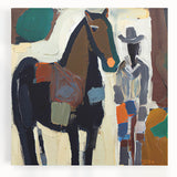 Abstract figurative wall art on stretched canvas showcasing vibrant colors and dynamic shapes, perfect for modern interior decor, enhancing artistic ambiance.