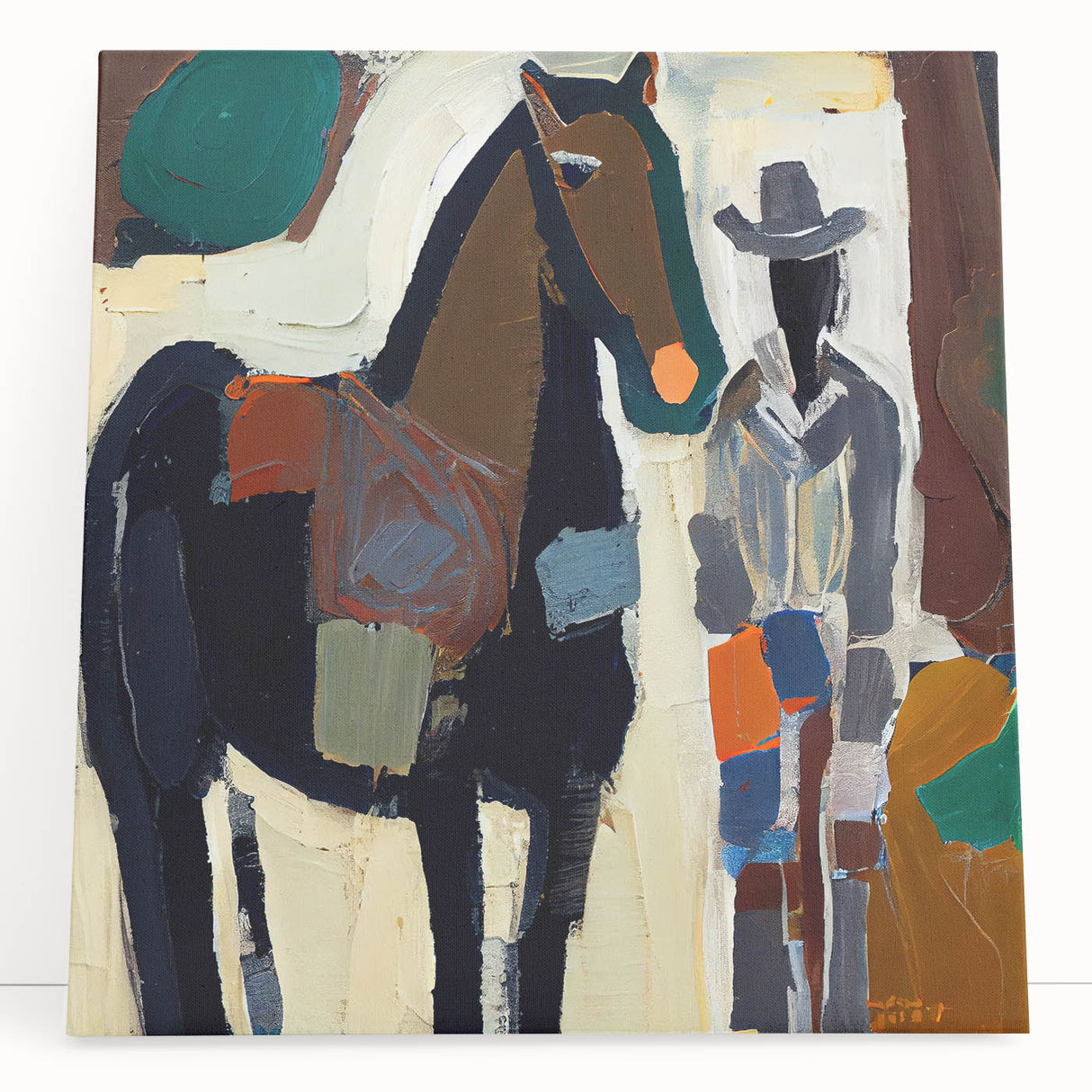 Abstract figurative wall art on stretched canvas, showcasing vibrant colors and dynamic shapes, leaning against a neutral wall, perfect for modern decor.