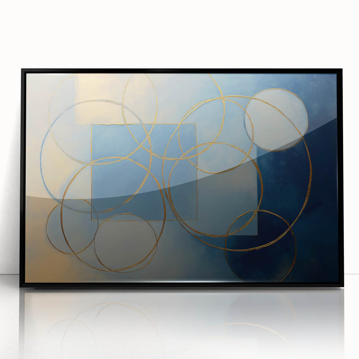 Framed abstract geometric art piece with a sleek black frame, showcasing vibrant shapes and colors, ideal for modern home decor and artistic ambiance.