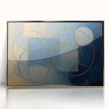 Framed abstract geometric acrylic artwork in gold tones, showcasing a modern design with clean lines and shapes, perfect for contemporary home decor.