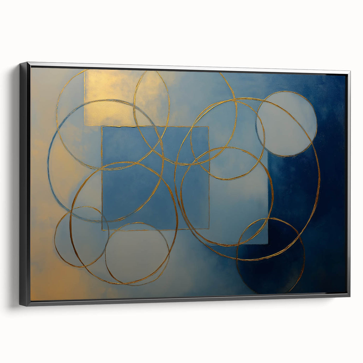 Abstract geometric framed canvas artwork showcasing a sleek black design, viewed from the side, perfect for modern home decor. Ideal for contemporary living spaces and art enthusiasts seeking unique wall accents.