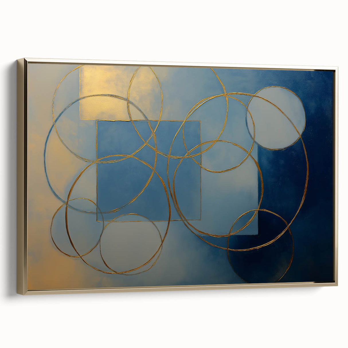 Abstract geometric framed canvas artwork showcasing a gold and white design, displayed in a modern interior setting, emphasizing contemporary decor style.