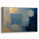 Abstract geometric canvas art with a sleek silver frame, showcasing a modern design that adds sophistication to any interior decor. Ideal for contemporary spaces.