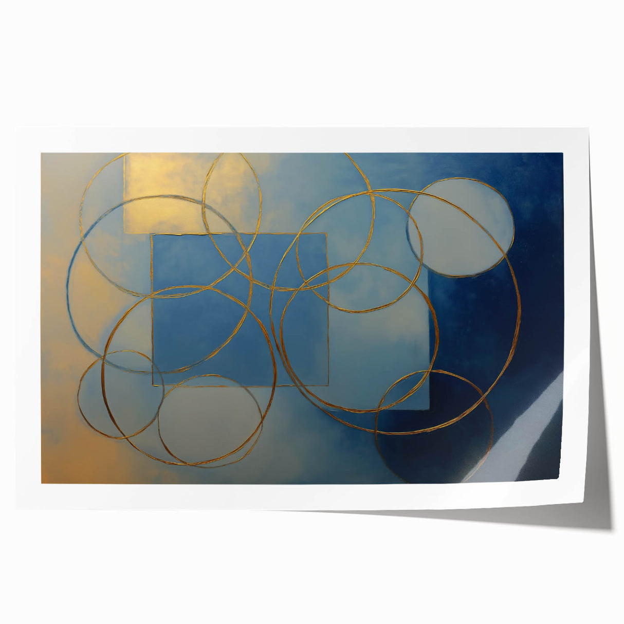 Abstract geometric art print featuring vibrant blue, orange, and yellow shapes, rolled and packaged in a sturdy tube for easy shipping and display. Ideal for modern home decor enthusiasts seeking unique wall art.