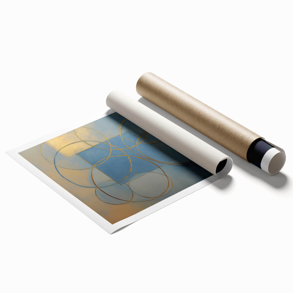 Abstract geometric rolled print showcasing vibrant colors and intricate patterns, beautifully designed for modern home decor. Packaged securely in a sturdy cardboard tube for safe delivery.