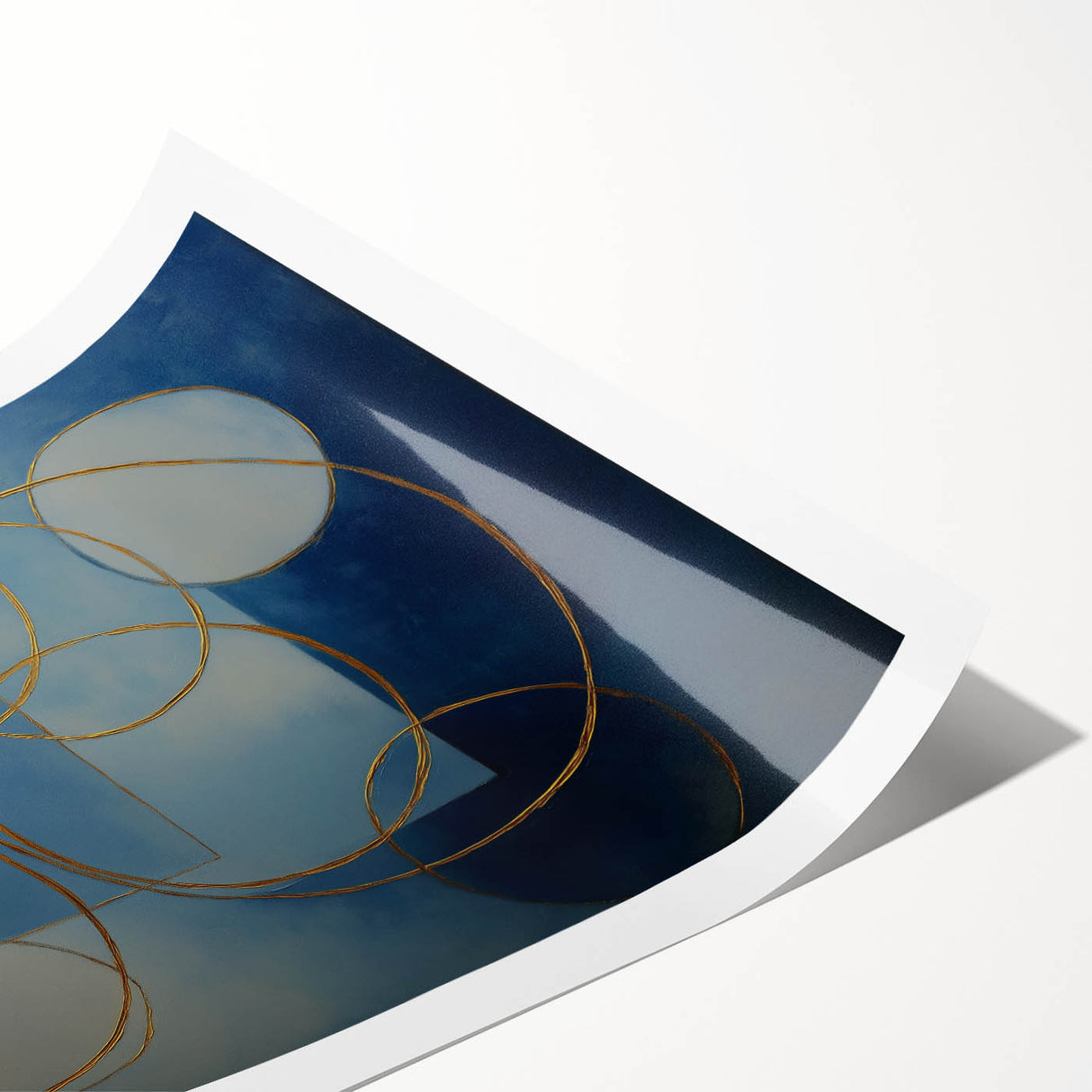 Abstract geometric rolled print showcasing vibrant blue, orange, and yellow shapes with a modern design, elegantly packaged in a protective cardboard tube for secure delivery.