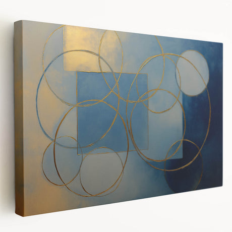 Abstract geometric stretched canvas artwork showcasing vibrant colors and unique shapes, perfect for modern interior decor. Side view highlights its depth and texture.