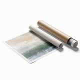 Abstract landscape wall art print showcasing vibrant colors and fluid shapes, rolled and packaged in a protective cardboard tube, ideal for modern decor.