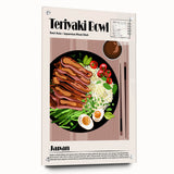 Acrylic glass print of assorted food dishes in vivid colors, ideal for dining room decor.