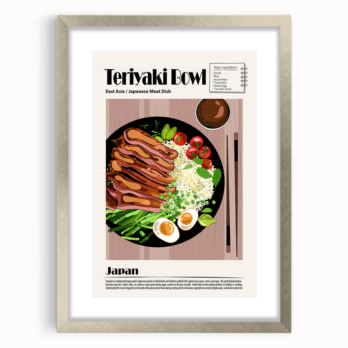 Textured abstract art print of assorted dishes in muted earth tones, framed with a silver mat.