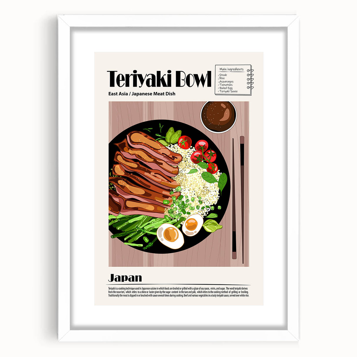 Abstract art print featuring assorted food dishes in muted earth tones, framed with a white mat, ideal for dining room decor.