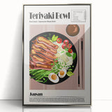 Mid-century modernist art of assorted food dishes in muted earth tones on a silver-framed acrylic print.