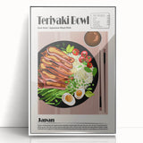 Art deco poster featuring an array of modern art food dishes in muted colors, framed in white acrylic.