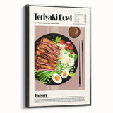 Black and white vintage poster art of assorted dishes on a framed canvas, suited for bedroom wall decor.