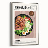 Landscape art painting featuring colorful food dishes on a black background, framed in silver, ideal for dining room decor.