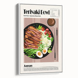 Vintage poster art featuring an array of colorful food dishes on a black background, printed on extra large framed canvas.