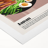 Art deco poster featuring an array of colorful food dishes on rolled canvas, suitable for dining room wall art.