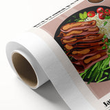 Art deco poster of various colorful food dishes on a rolled canvas, ideal for dining room wall art.