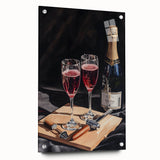 Large abstract wall art on acrylic glass, featuring vibrant hues of orange and blue, ideal for dining room decor.