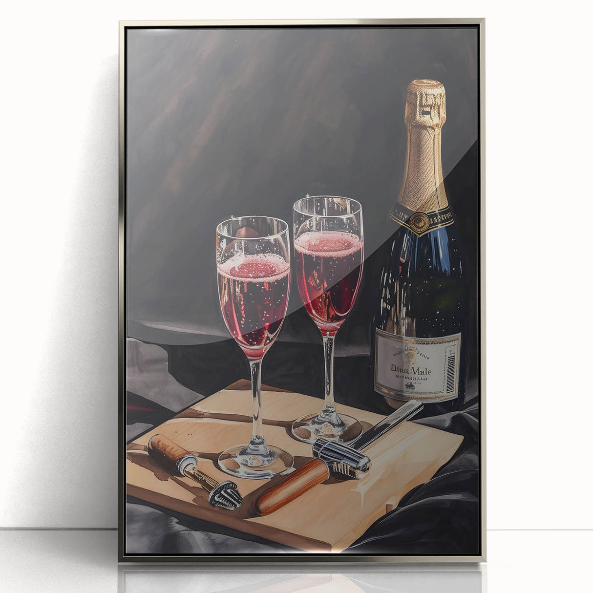Art deco poster featuring a stylized cocktail, rendered in silver and black tones on framed acrylic.