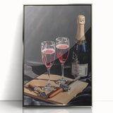 Art deco poster featuring a stylized cocktail, rendered in silver and black tones on framed acrylic.