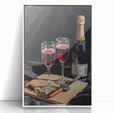 Large art print of a mid-century modernist food and drinks motif in a white acrylic frame, ideal for modern kitchen decor.