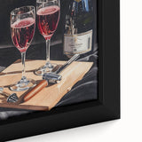 Black wall art featuring a close-up of colorful, textured food and drinks on a framed canvas, ideal for a living room.