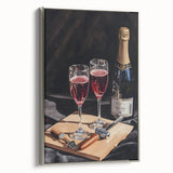 Landscape art painting of colorful vintage food and drinks, framed canvas in black, ideal for kitchen wall decor.