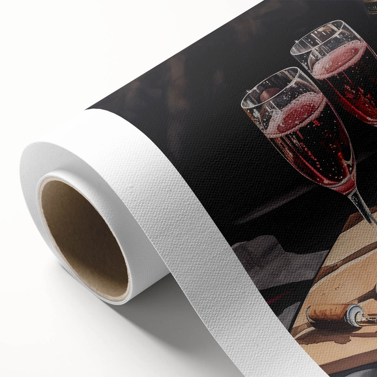 Art deco poster featuring a stylized cocktail glass, in muted pastels on rolled canvas.